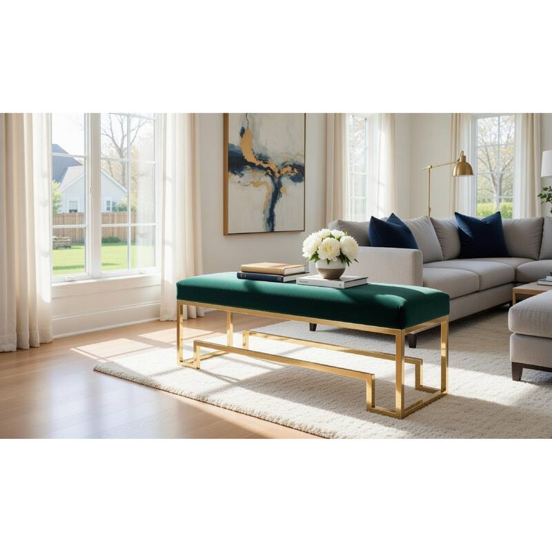 Rectangular Velvet Upholstered Bench with Stainless Steel Base, Green and Gold
