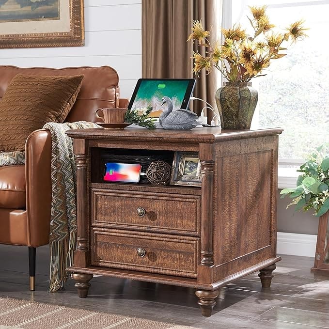 Farmhouse End Table, Sofa Side Table with Charging Station, Nightstand