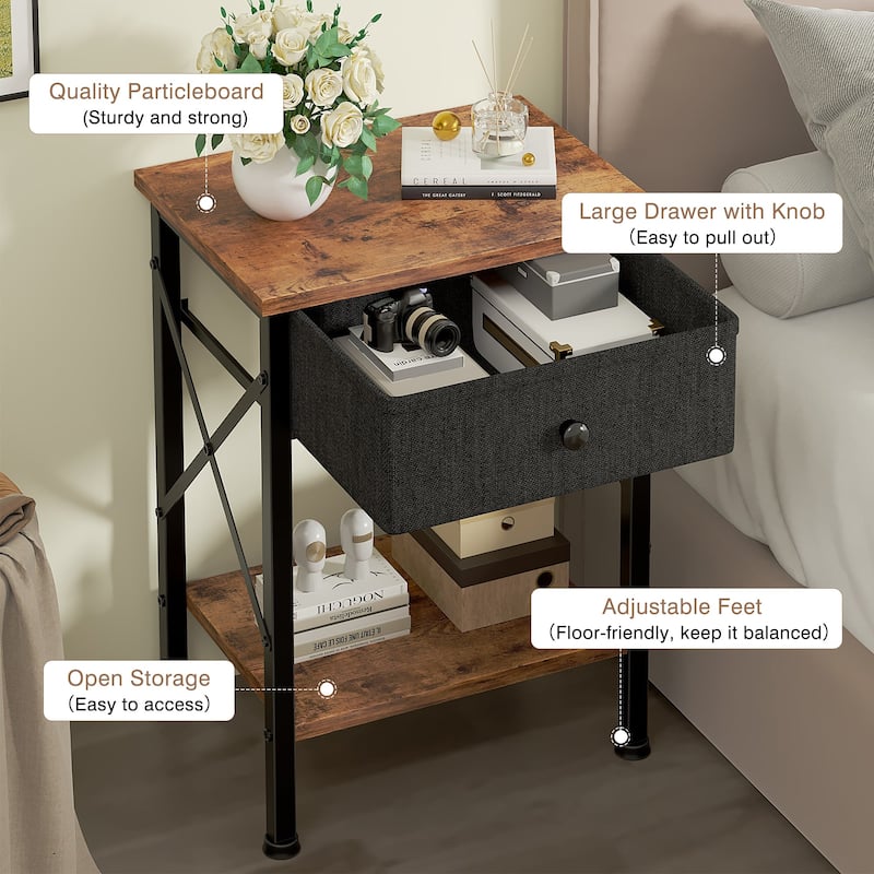 VECELO X Frame Nightstand with Removable Fabric Drawer Easy to Clean Nightstand Multifunctional End Table with Open Shelf