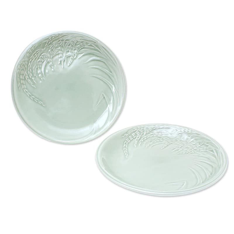 Novica Handmade Thai Rice Celadon Ceramic Plates (Pair)