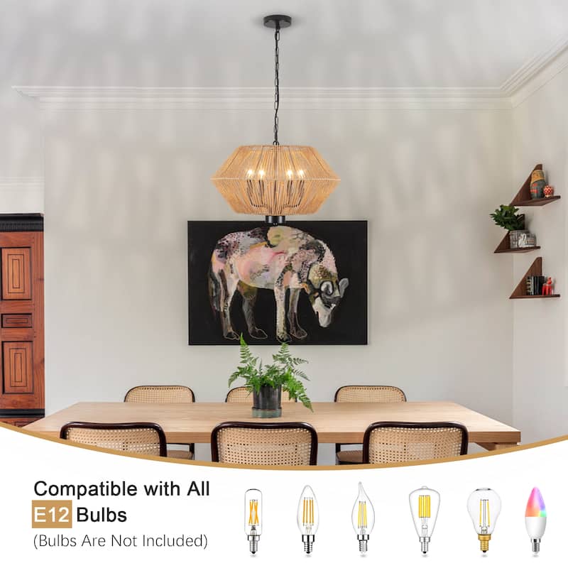 4-Light Bohemian Hand Woven Drum Chandelier Rattan Pendant - N/A