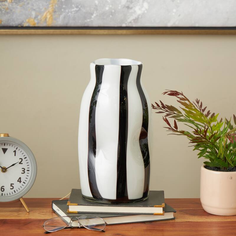 Glass Concaved Round Vase with Black Stripes - White - Roche River Decor