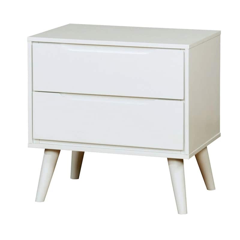 Mid-Century Modern White Nightstand with 2 Drawers, Solid Wood Construction & Tapered Legs