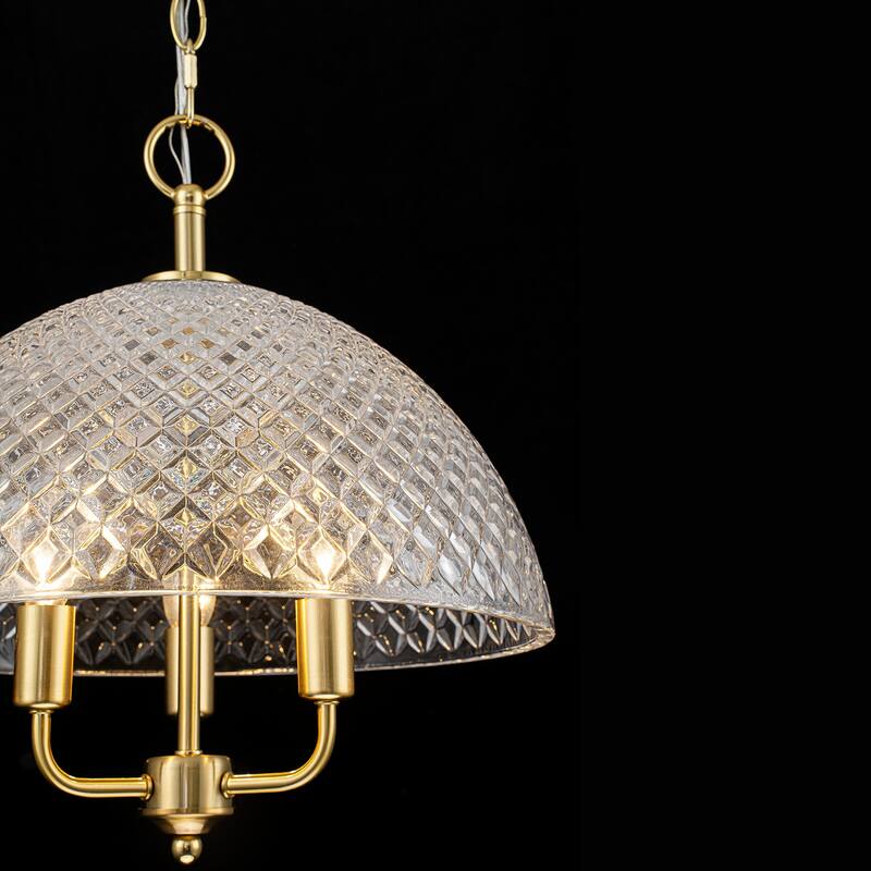 Brushed Gold 3-Light Pendant Light with Half-Dome Grid Shade Dining - Dia.15.75-in