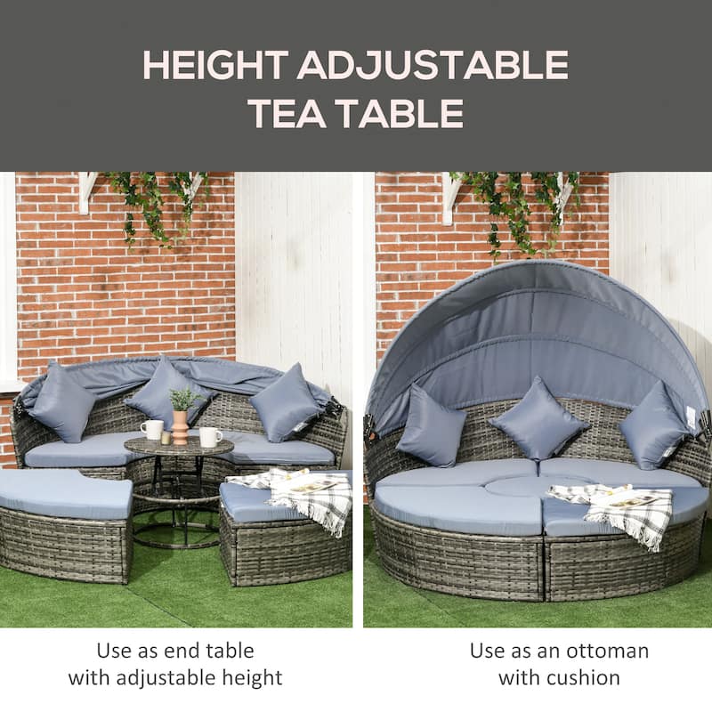 Outsunny 4pc Rattan Patio Furniture Set, Round Convertible Daybed or Sunbed, Adjustable Sun Canopy, Sectional Outdoor Sofa