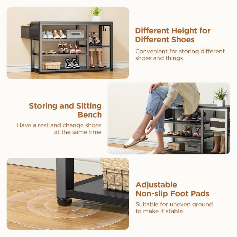 Industrial Hall Tree, 4-in-1 Entryway Coat Rack and Shoe Bench Rack Set with 5 Shoe Storage Cabinets