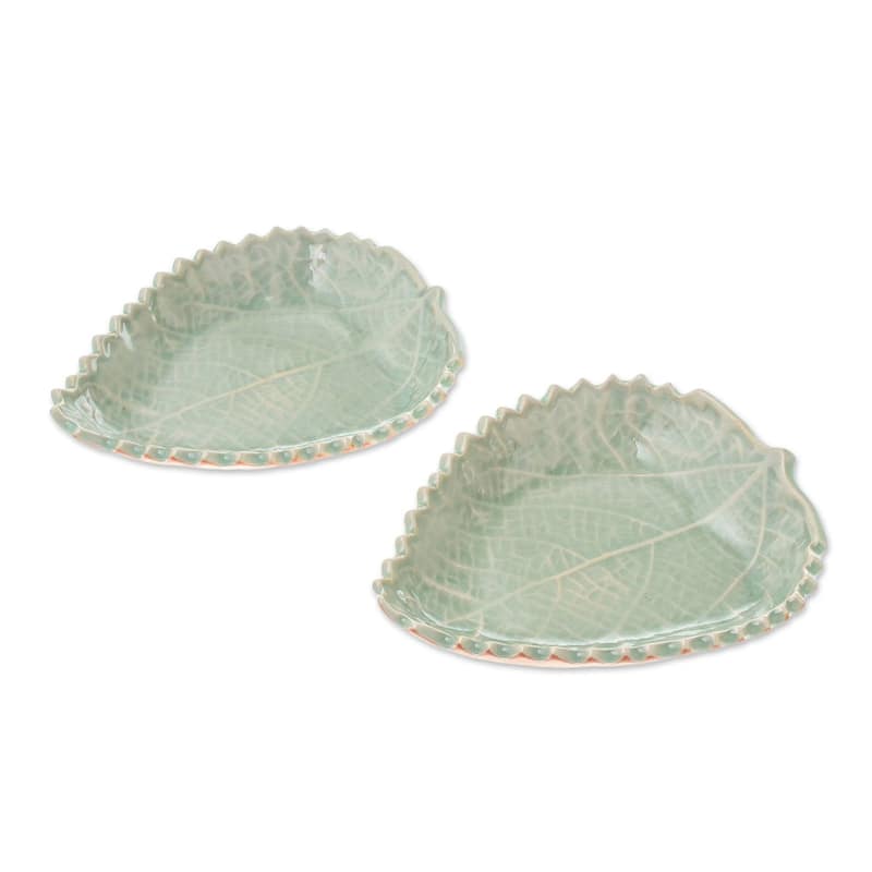 Novica Handmade Leaves Of The Forest Celadon Ceramic Bowls (Pair)