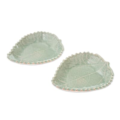 Novica Handmade Leaves Of The Forest Celadon Ceramic Bowls (Pair)