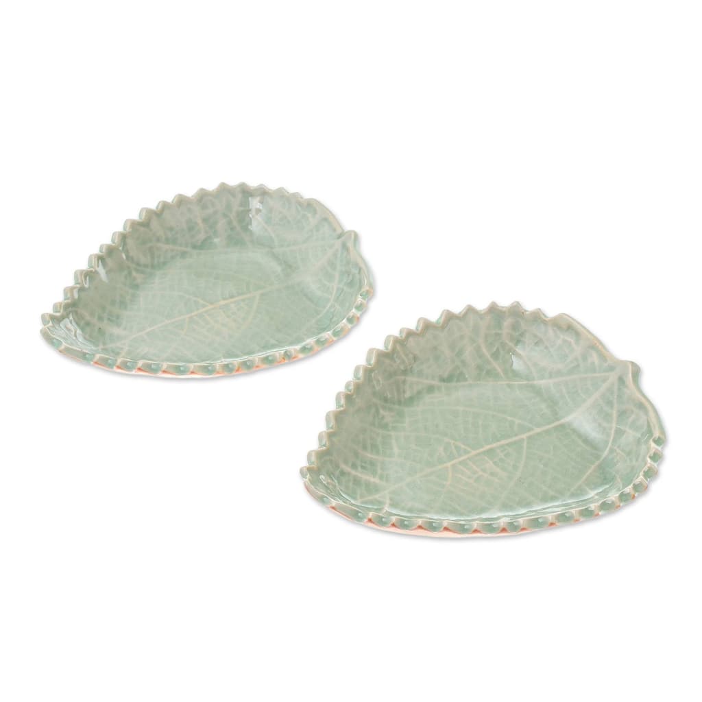 Novica Handmade Leaves Of The Forest Celadon Ceramic Bowls (Pair)