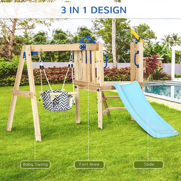 Outsunny 3 in 1 Wooden Swing Set with Slide Baby Swing Seat Fort Wheel Telescope Mailbox 1.5 4 Years Old 67 x79 x46.5 On Sale Bed Bath Beyond 37159593