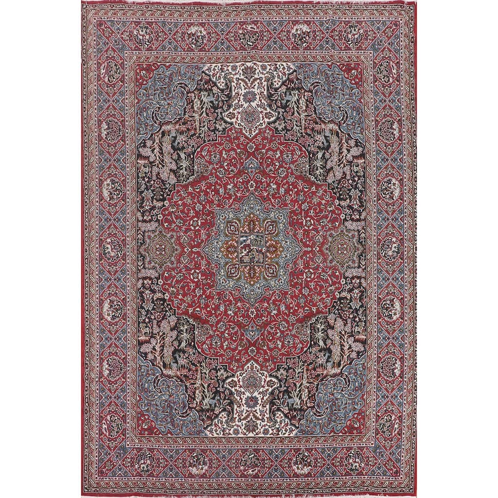 Animals Design Red Kashan Turkish Area Rug Machine Made Carpet - 9'9" x 13'0"