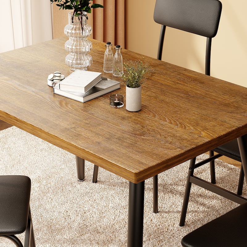 5-Piece Mid-Century Rectangular Dining Table, Industrial Kitchen Table Set with 4 Faux Leather Chairs