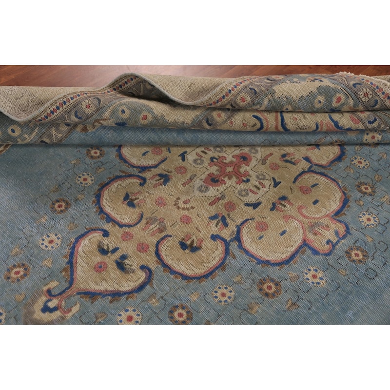 Medallion Tabriz Persian Area Rug Hand-Knotted Light Blue Wool Carpet - 8'5"x 11'2"
