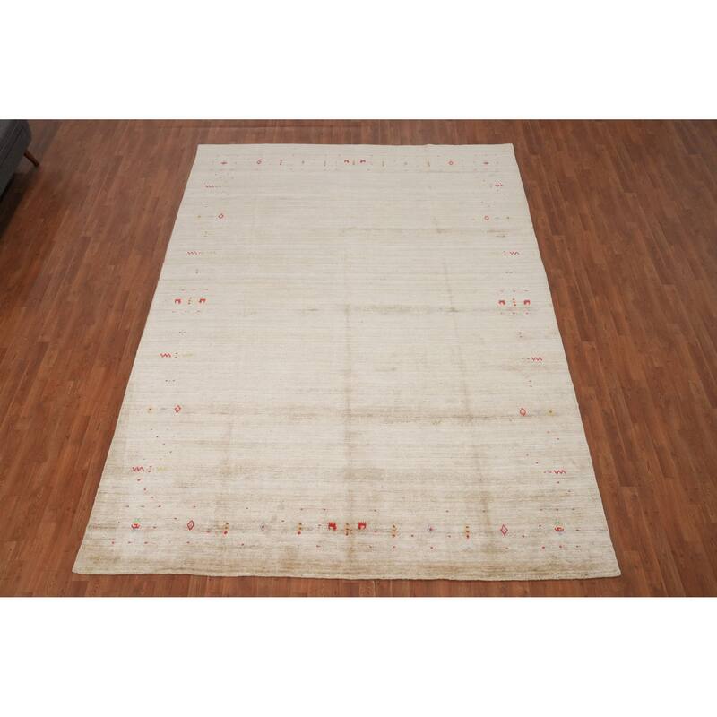 Hand Knotted Oriental Viscose Silk Carpet Tribal Animal Pictorial Beige & Ivories Gabbeh Area Rug - 11' 10'' X 8' 10''