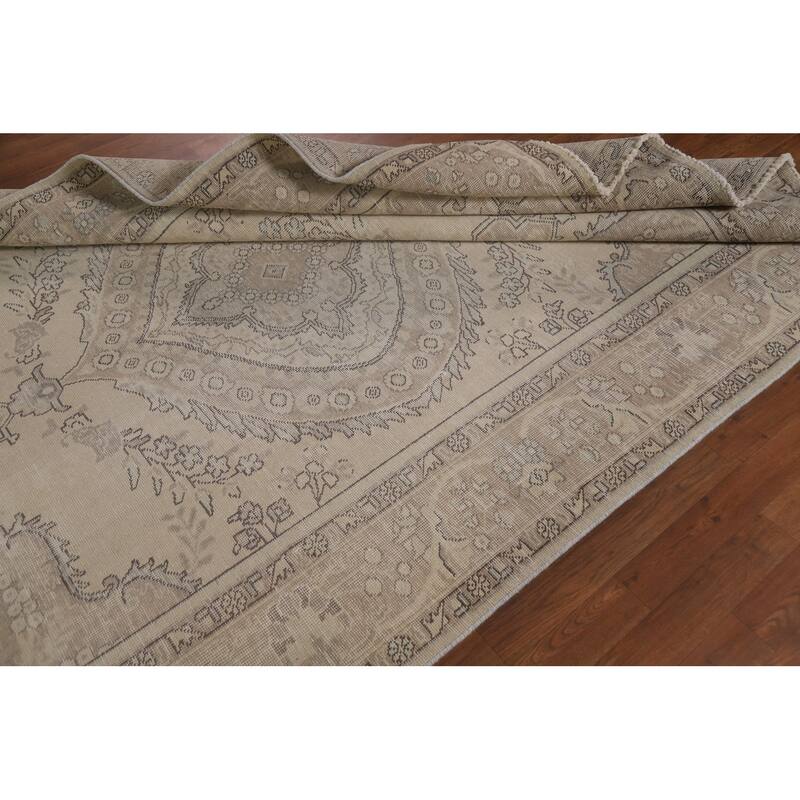 Beige Distressed Tabriz Persian Vintage Area Rug Handmade Wool Carpet - 6'3" x 9'8"