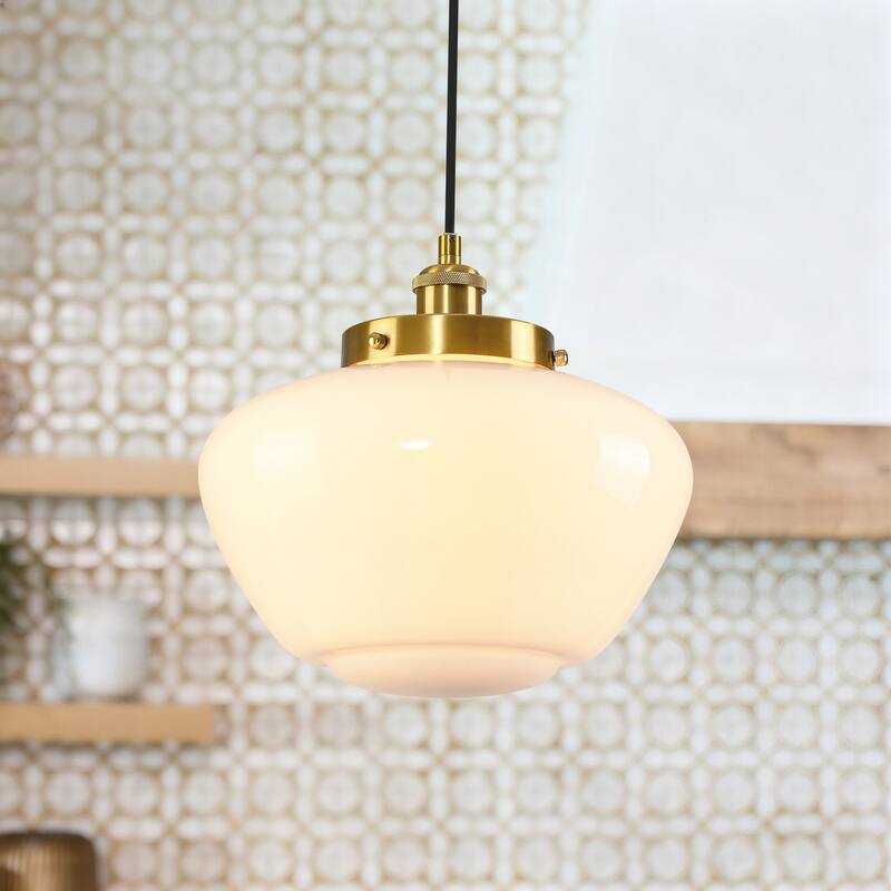 1-Light Mid-Century Modern Brass/Black Frosted Glass Globe Dome Pendant Light