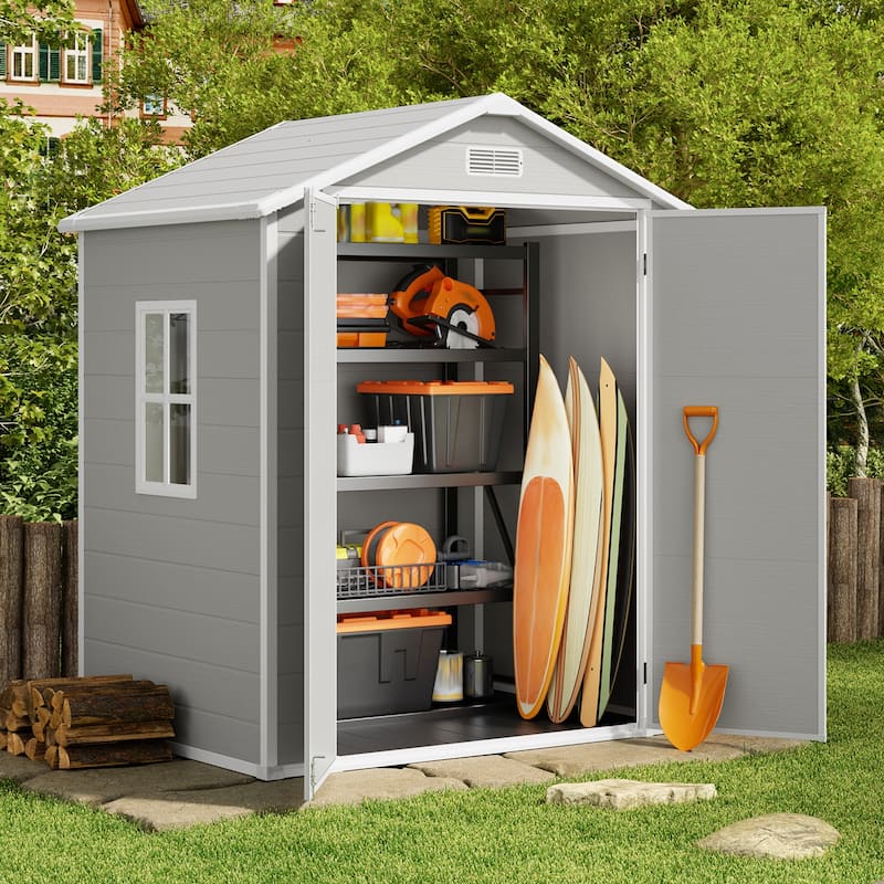 Durable Resin Outdoor Storage Shed with Floor, with Windows and Lockable Double Doors - Grey