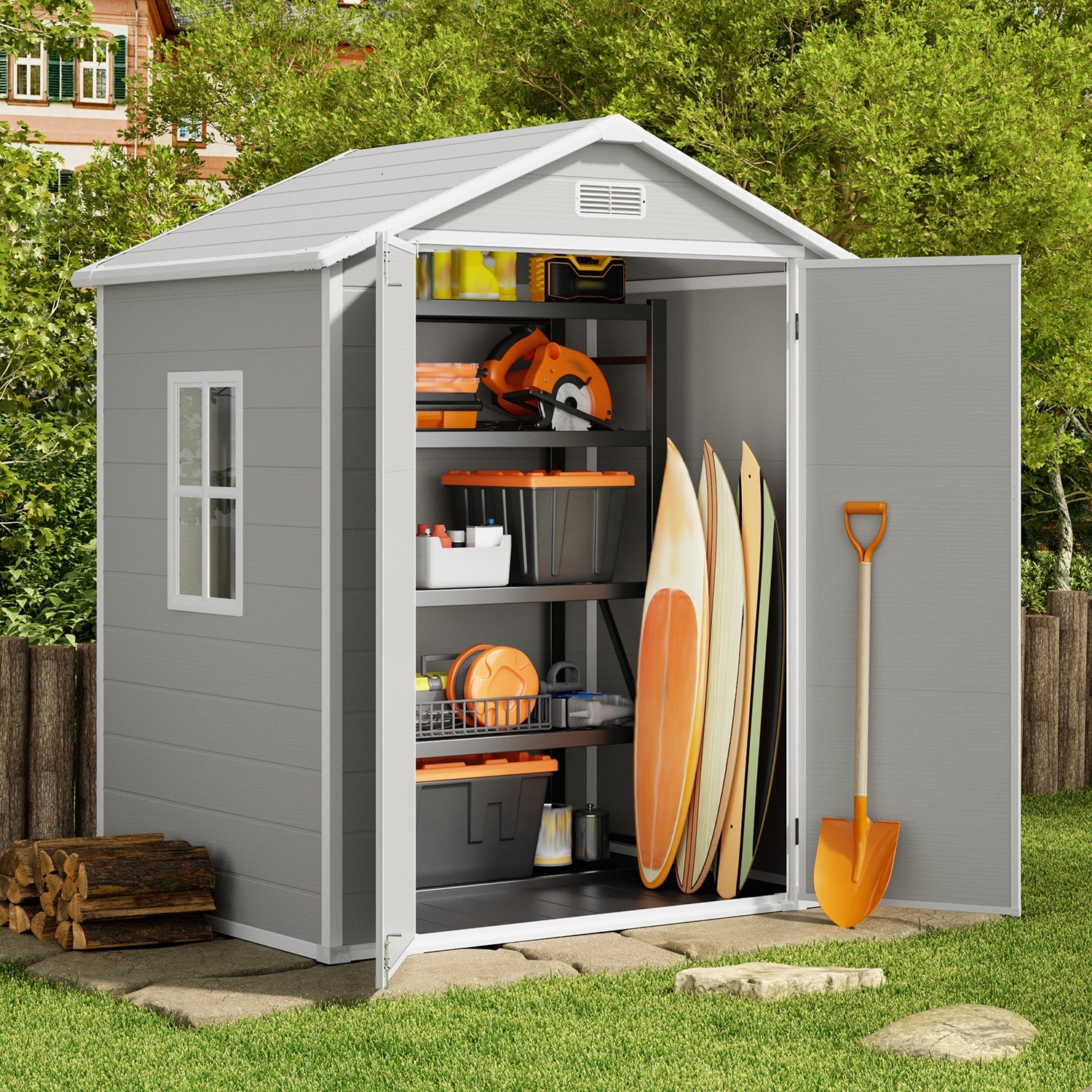 Durable Resin Outdoor Storage Shed with Floor, with Windows and Lockable Double Doors