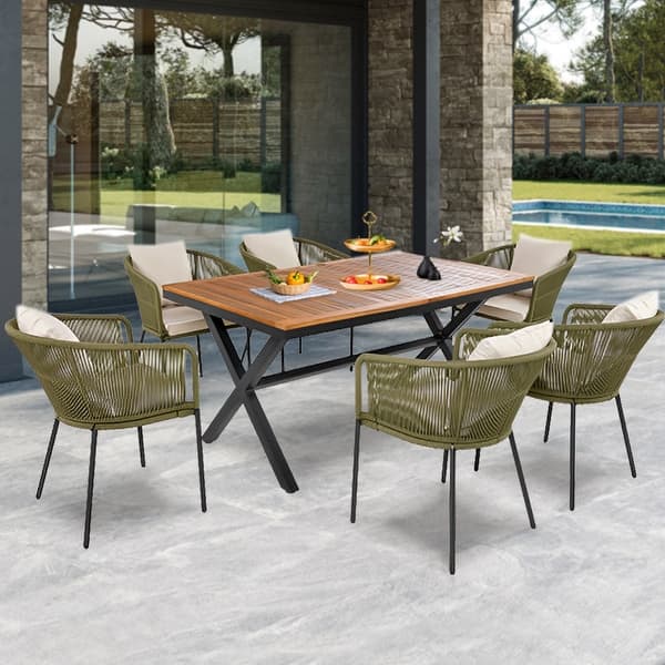 slide 2 of 18, 7-Pieces Outdoor Dining Set with Chairs and Acacia Wood Tabletop, for Garden, Backyard, Patio Green
