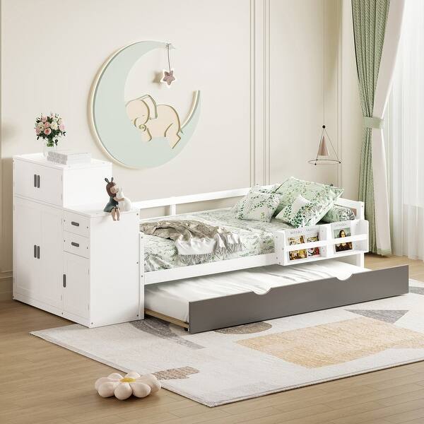 slide 2 of 46, Twin Size Wood Platform Bed with Side Bookshelf and Trundle Bed, Multifunctional Kids Bed Frame with Movable Wardrobe Grey