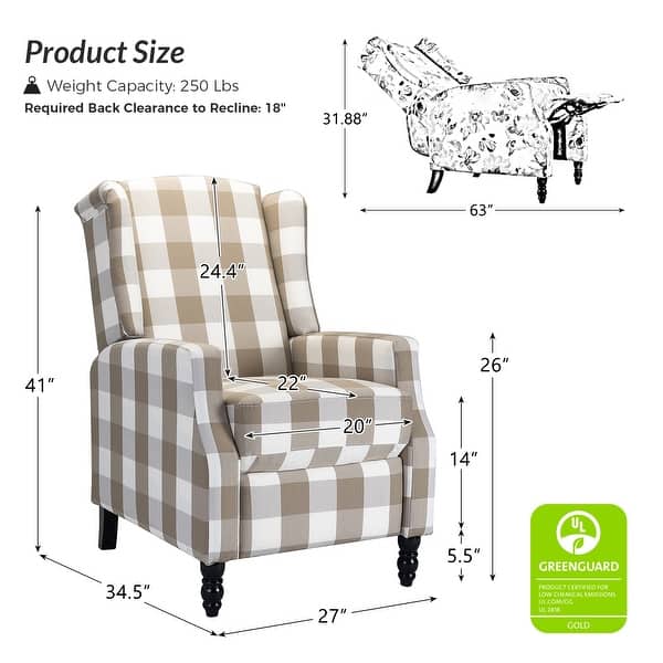 dimension image slide 2 of 9, Damaris Mid-Century Modern Manual Pushback Recliner with Wingback Design by HULALA HOME