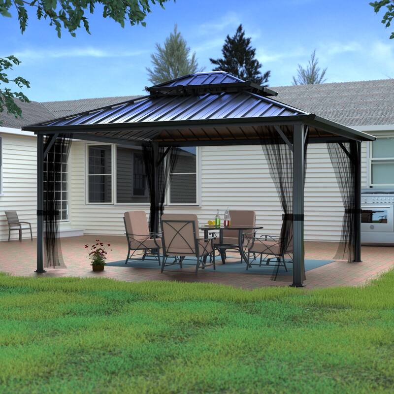 VEIKOUS Aluminum Double Hardtop Gazebo Pergola for Patio, Lawn, and Garden with Removable Netting