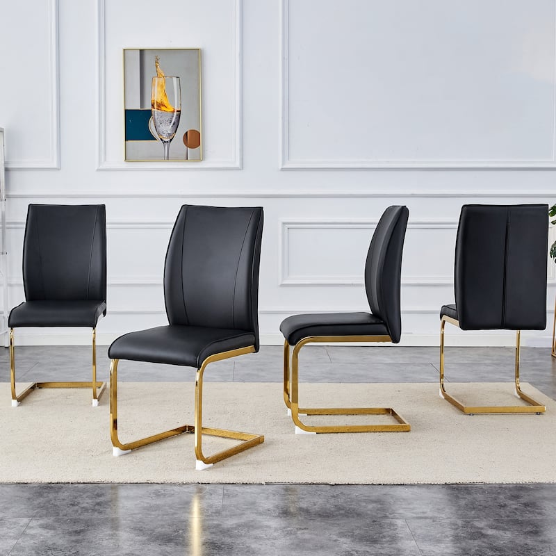 PU High Resilience Dining Chair Set of 4 Luxury Arch Chair with Arched Metal Silver Leg Upholstered Kitchen Chair - Black
