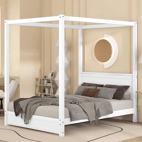 slide 2 of 24, Modern Queen/Full Size Canopy Platform Bed with Headboard and Support Legs - Natural Finish, Sturdy Pine Wood Construction Full White