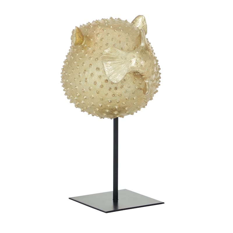 Gold Polyresin Handmade Spiked Blowfish Decorative Sculpture with Stand - 10 x 7 x 14
