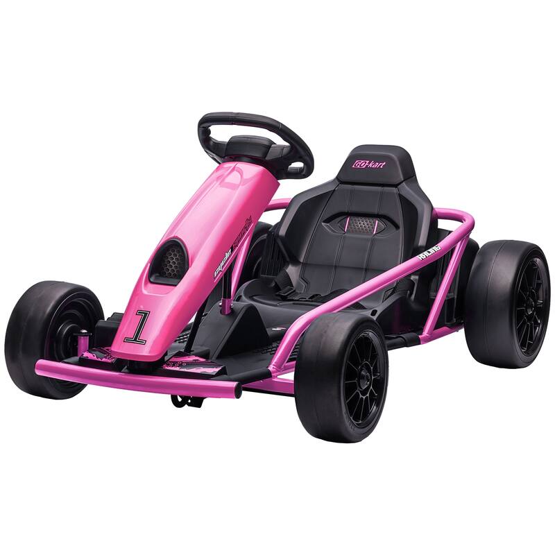 24V Electric Drift Go Kart with Safety Belt, Pink All-Terrain Car Battery Powered Electric Car with Music