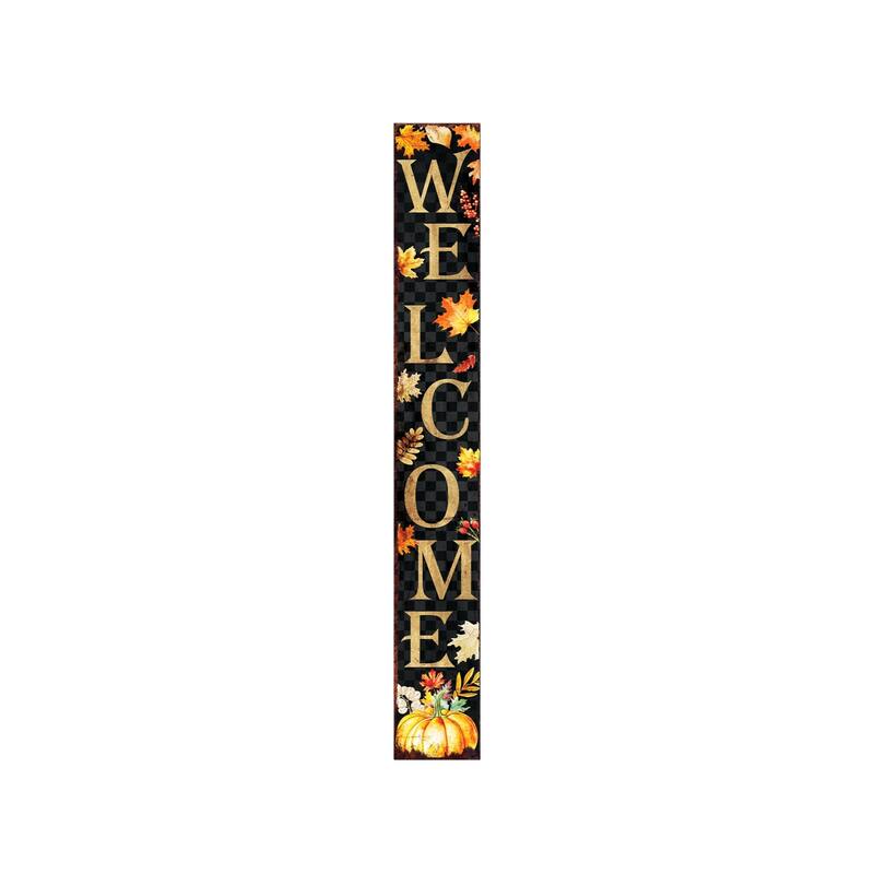 HomeRoots 72" Black Gold And Orange Solid Wood Welcome Leaves Porch Sign