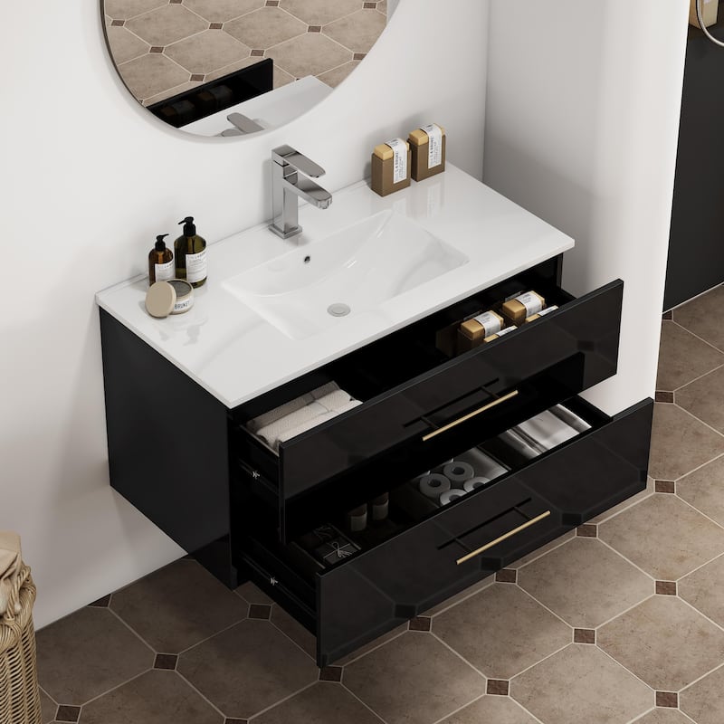 36-Inch Gloss Wall-Mounted Bathroom Vanity with Sink Combo,Double Drawers,Ceramic Sink, Long Gold Metal Handle