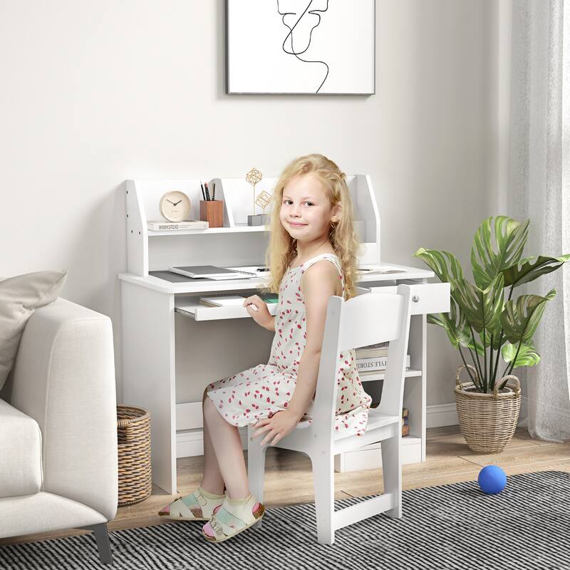 Kids Desk and Chair Set with Storage Drawers and Shelves MDF Study Table for Children Ages 5 to 8 - 35.5" L x 17.75" W x 35.5" H - White