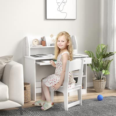 Modern Kids Desk and Chair Set with Storage Compartments and Single Drawers and Laminated drawer for Study Room and Bedroom