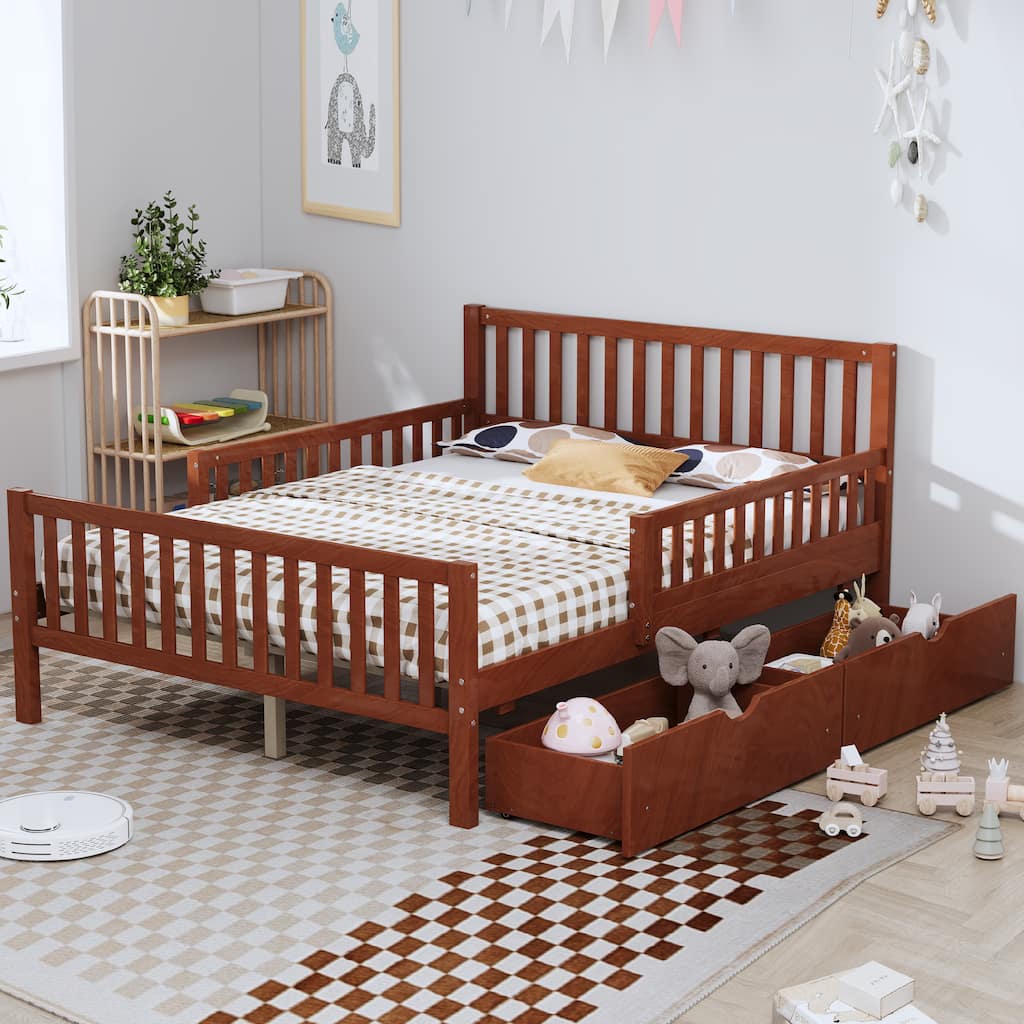 Full Size Wood Platform Bed with Guardrails on Both Sides and Two Storage Drawers, Walnut