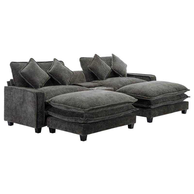 111" Grey Chenille Sectional Sofa with 2 Removable Ottomans, USB Ports, Cup Holders & Storage Box