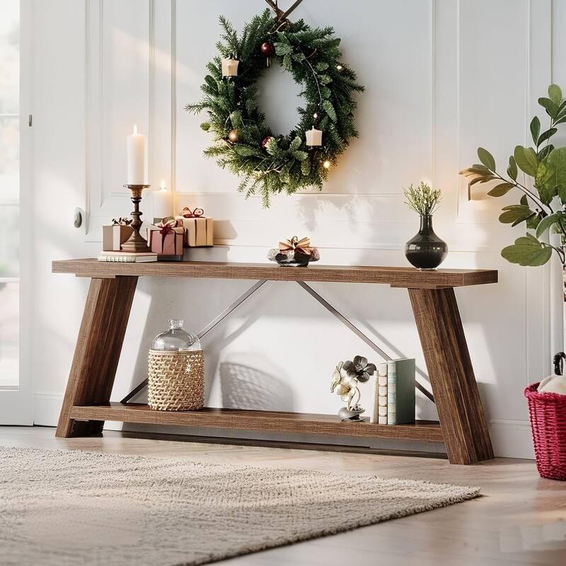 70.9 Inches Extra Long Console Table with Storage, Industrial Sofa Table Behind Couch - Dark Walnut