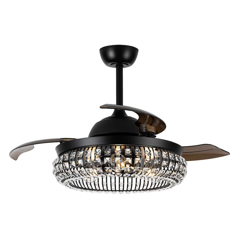 42" Modern Black 3-Light Crystal Ceiling Fan Chandelier with Remote