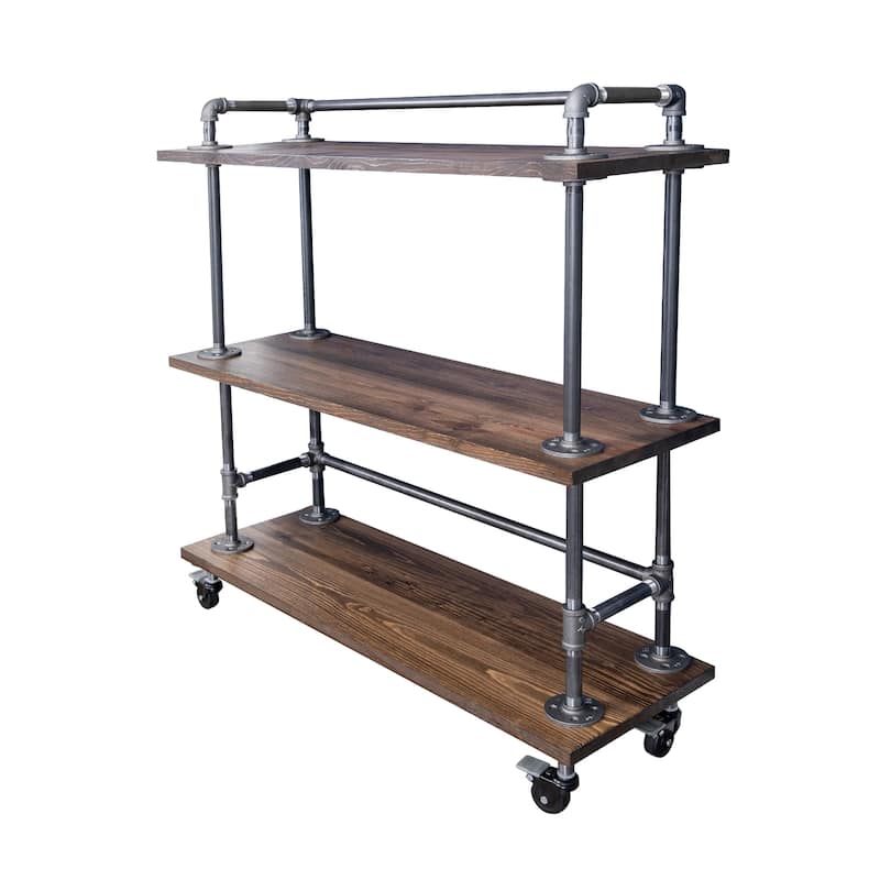Restore by PIPE DECOR Industrial 3 Tier Solid Wood & Steel Pipe Bar Cart with Wheels - Trail Brown