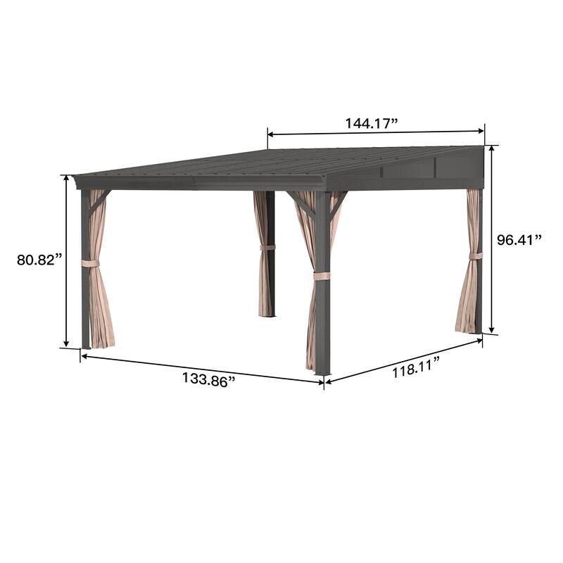 12x14ft Wall-Mounted Aluminum Patio Gazebo with Galvanized Steel Roof