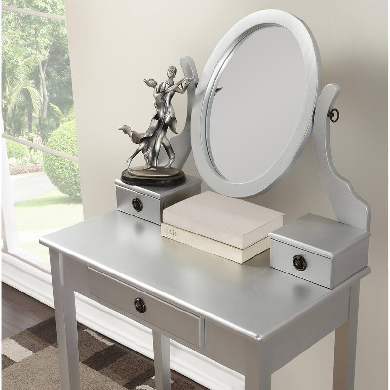 Bedroom Makeup Vanity Desk and Stool Set, Vanity Set Includes Dressing Table, Swivel Adjustable Oval Mirror and Stool