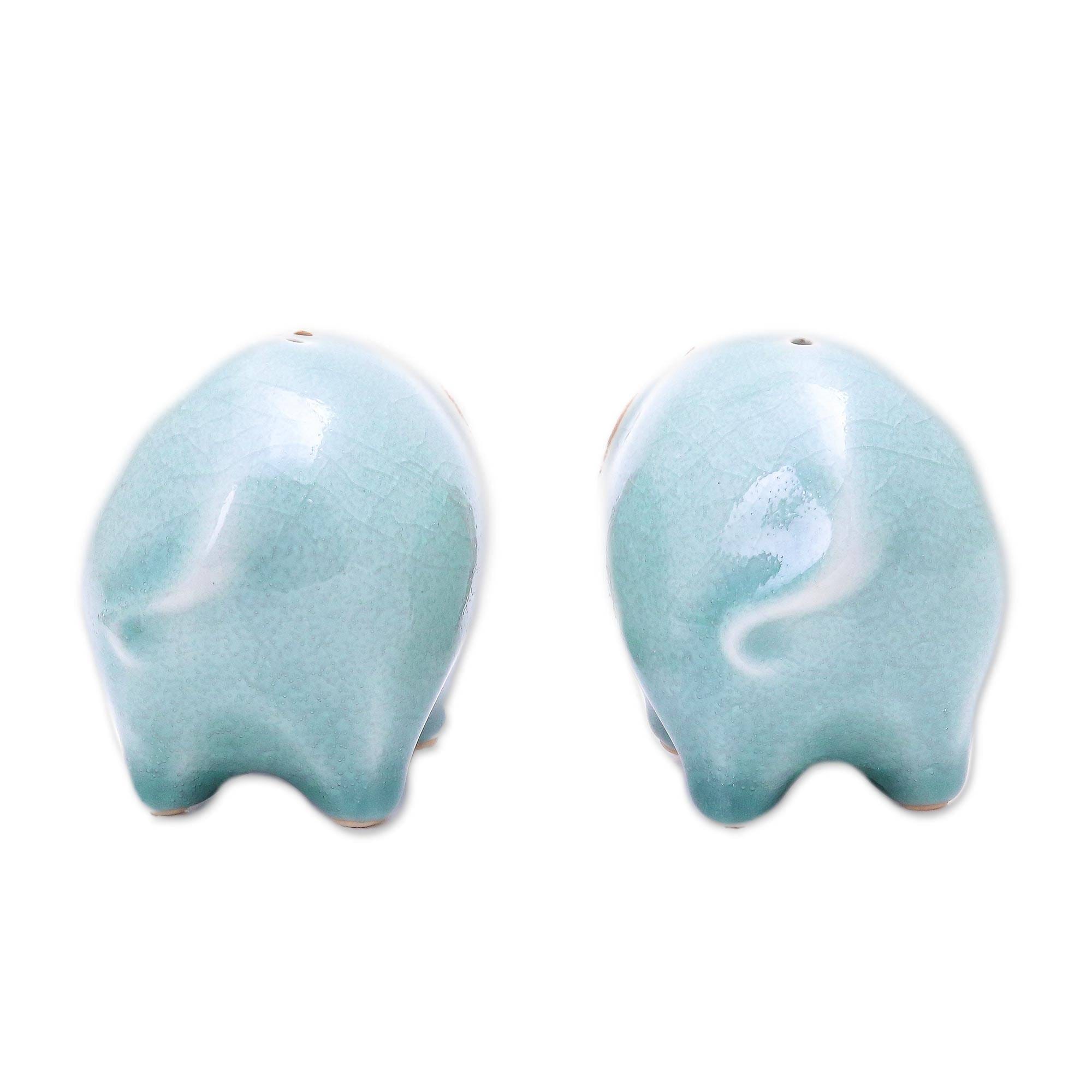 NOVICA Handmade Round Elephants in Blue Ceramic Salt and Pepper Shakers (Pair) - 2 Piece