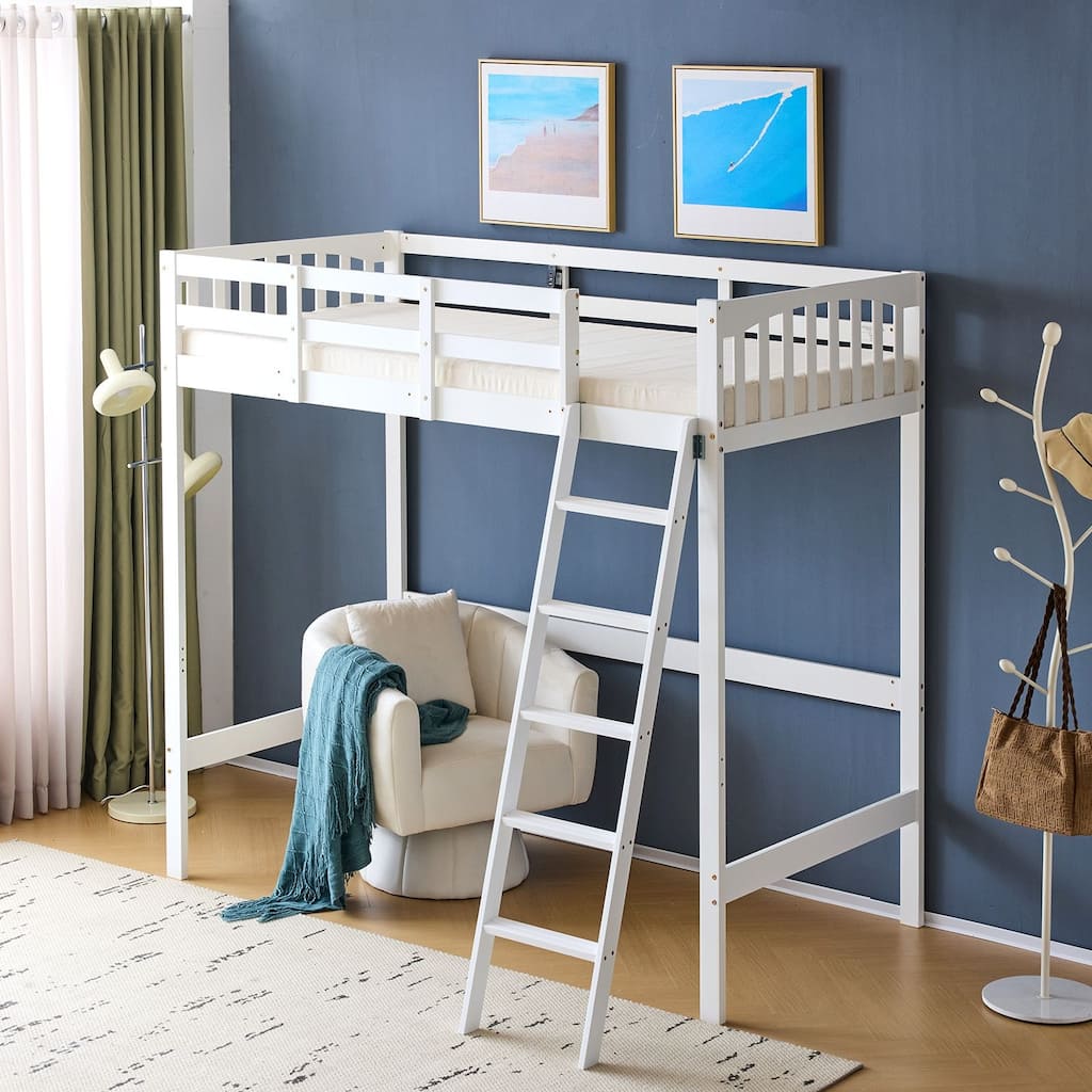 Solid Wood Loft Bed Twin Size with USB Charging Station/LED White