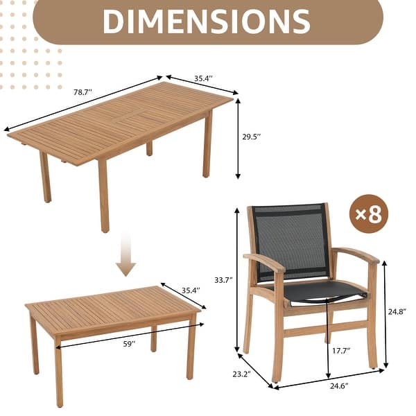 dimension image slide 0 of 2, 9-Piece Extendable Patio Dining Set with Acacia Wood Table & 6 Breathable Mesh Chairs, Outdoor Furniture Set