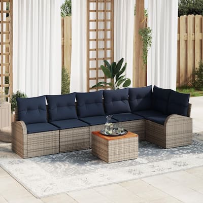 vidaXL 7 Garden Sofa Set with Cushions Black/Grey Poly Rattan - 113.8 x 48.8 x 27.2