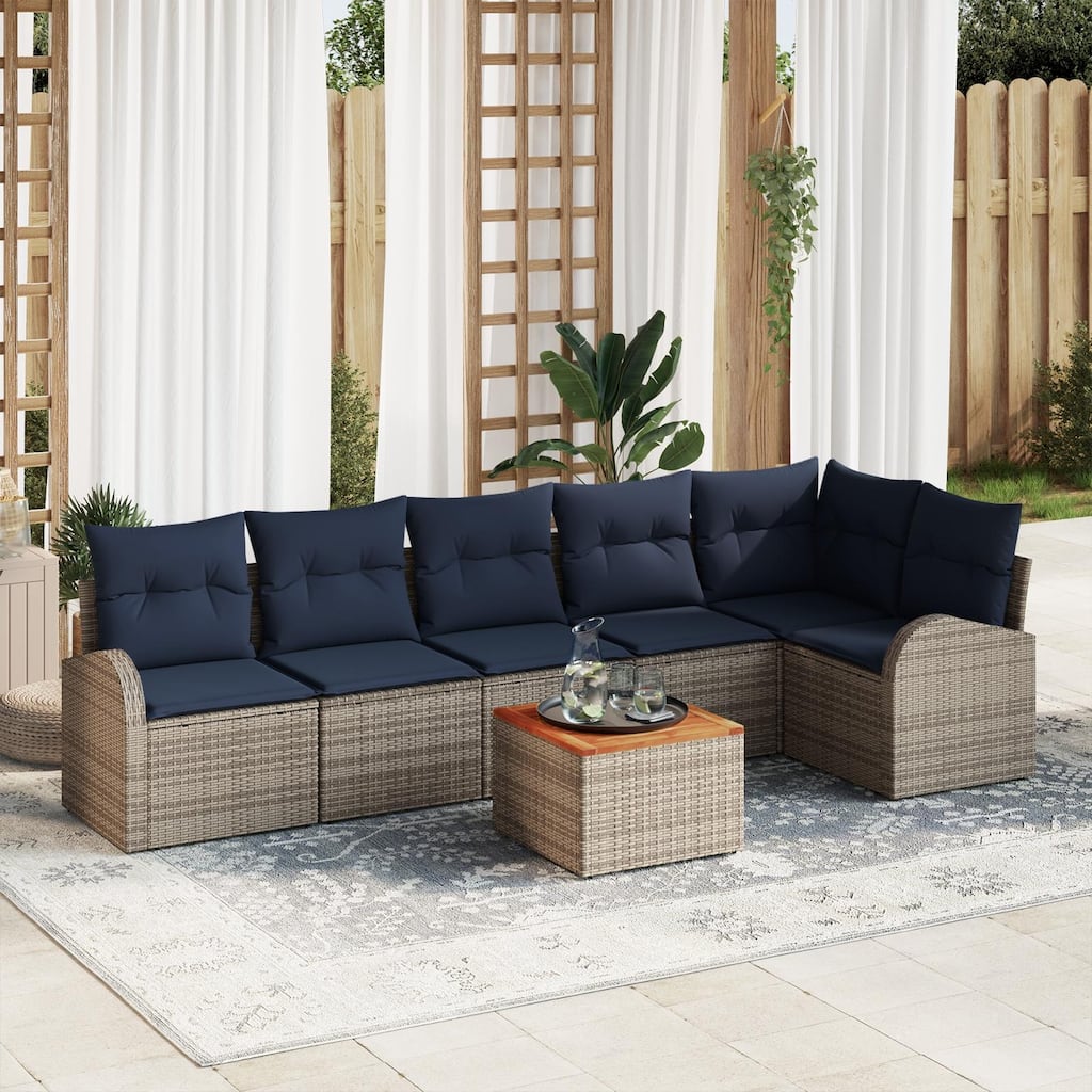 vidaXL 7 Garden Sofa Set with Cushions Black/Grey Poly Rattan - 113.8 x 48.8 x 27.2