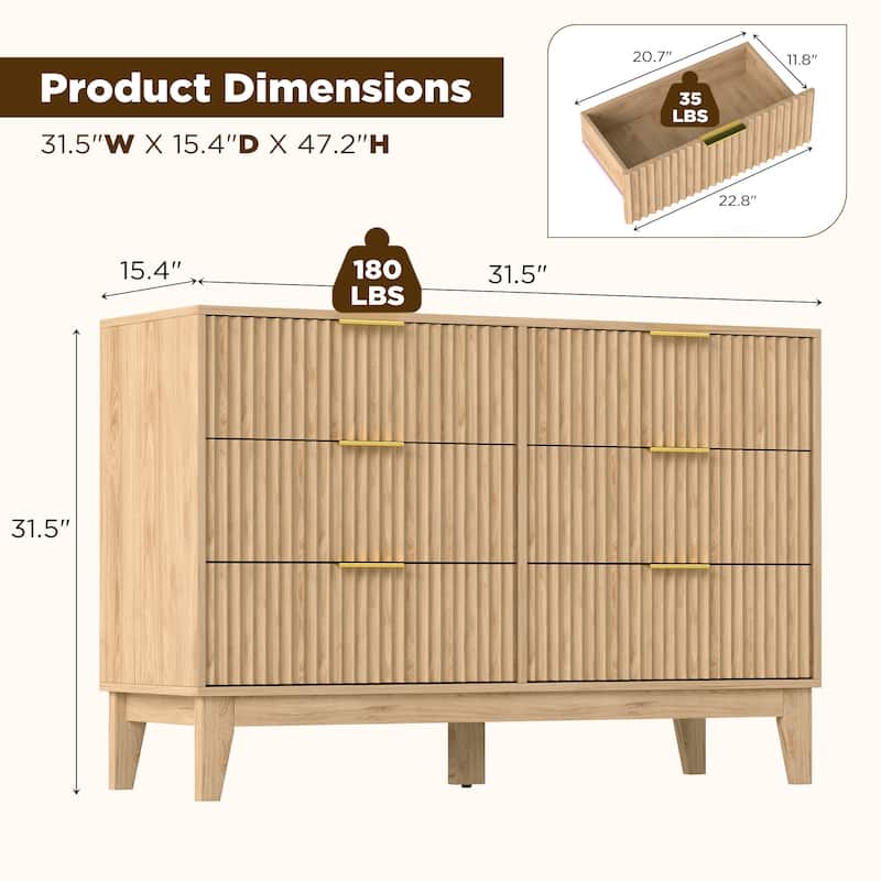 EROMMY Fluted Dresser 6 Drawer Mid Century Modern Dresser Wide Chest of Drawers with Metal Handles for Bedroom Living Room