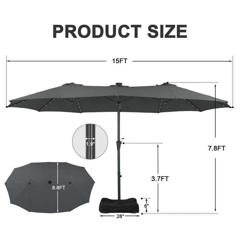 Autlaycil 15ft Retangle Patio Umbrella with Solar Lights & Base