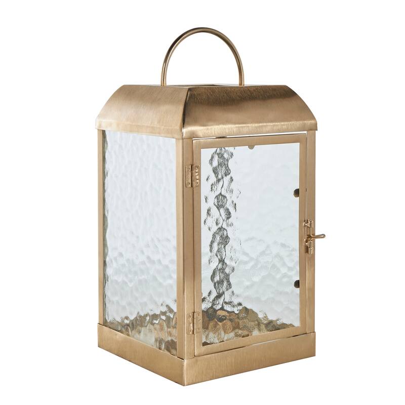 Gold Metal Indoor Outdoor Candle Lantern with Pebbled Glass