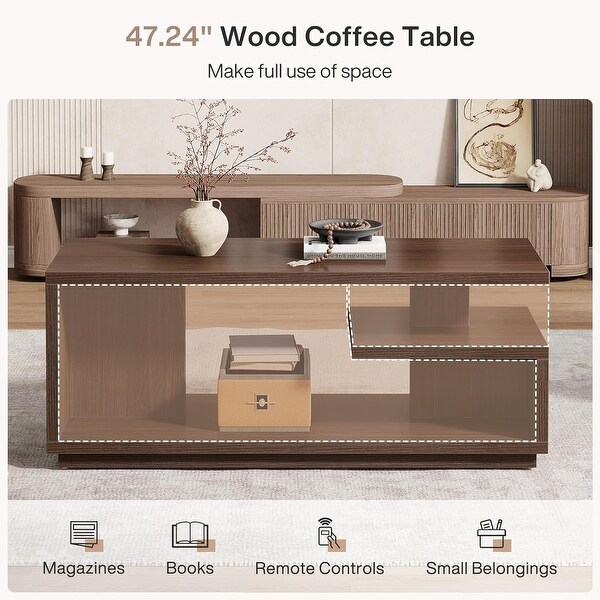 47.24 Inches Coffee Table with Storage Shelf, 3 Tiers Wooden Tea